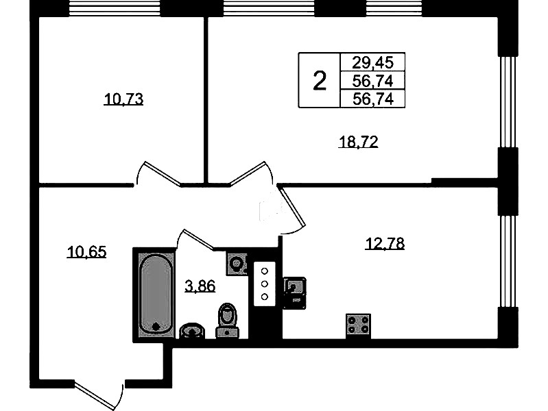 2-комнатная квартира 56.74 м², 4/10 эт., ЖК «UP! Квартал Новый Московский»